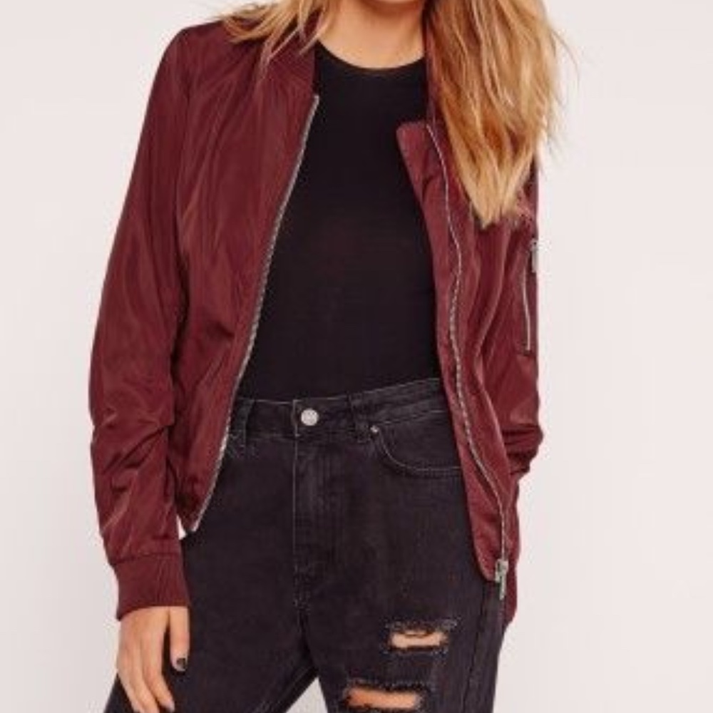 FASHION NOVA Burgundy Satin Bomber Jacket